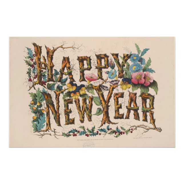 Happy New Year, Vintage Currier & Ives Print (Front)
