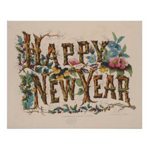  Happy New Year, Vintage Currier & Ives Print