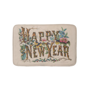 Happy New Year, Vintage Currier & Ives Print Bath Mat