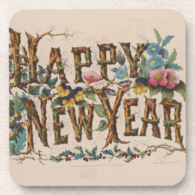  Happy New Year, Vintage Currier & Ives Print Coaster (Front)