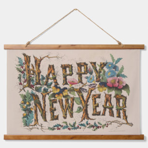Happy New Year, Vintage Currier & Ives Print Hanging Tapestry