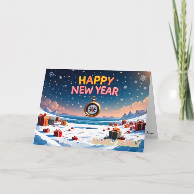 Happy New Year Vintage Pocket Watch Holiday Card (Front)