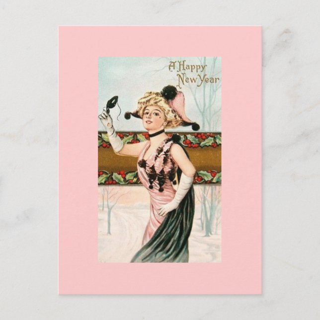 Happy New Year Vintage Postcards Lady Masquerade (Front)