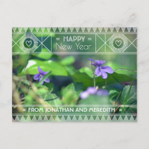 Happy New Year Violet Green Purple Floral Art Deco Postcard