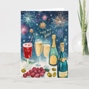 HAPPY NEW YEAR Watercolor Bubbly Fireworks Holiday Card