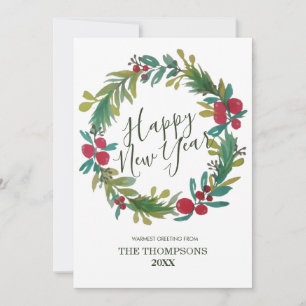 Happy New Year Watercolor Floral Wreath Card
