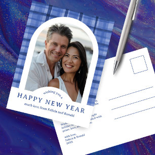 HAPPY NEW YEAR Watercolor Plaid CUSTOM Arch PHOTO Postcard