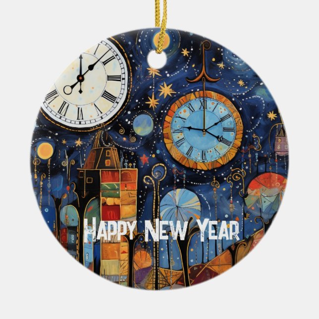 Happy New Year Whimsical Illustration Ceramic Ornament (Front)