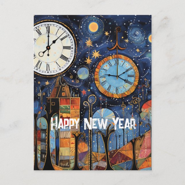 Happy New Year Whimsical Illustration Postcard (Front)