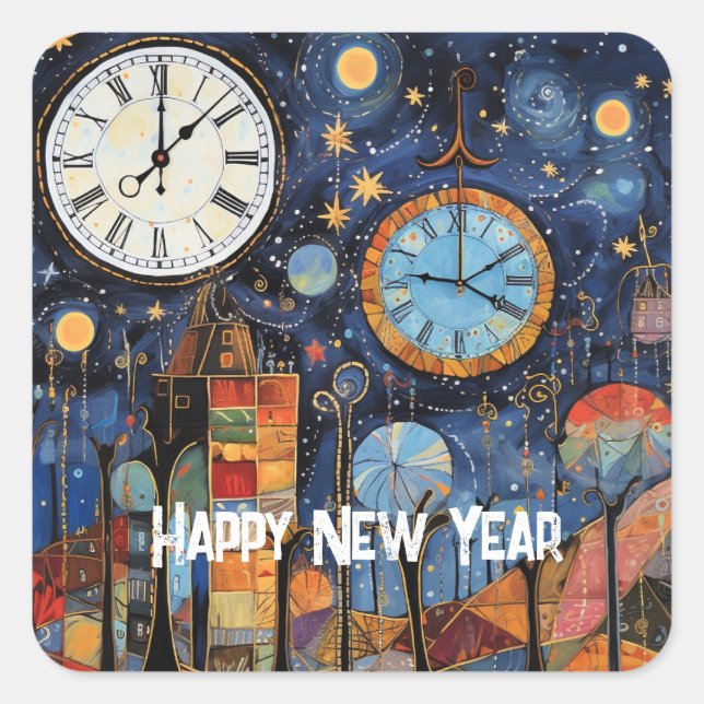 Happy New Year Whimsical Illustration Square Sticker (Front)
