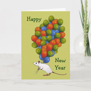 Happy New Year: White Mouse With LOTS of Balloons Holiday Card