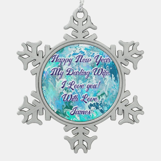Happy New Year Wife Teal Blue Abstract Snowflake Pewter Christmas Ornament (Front)