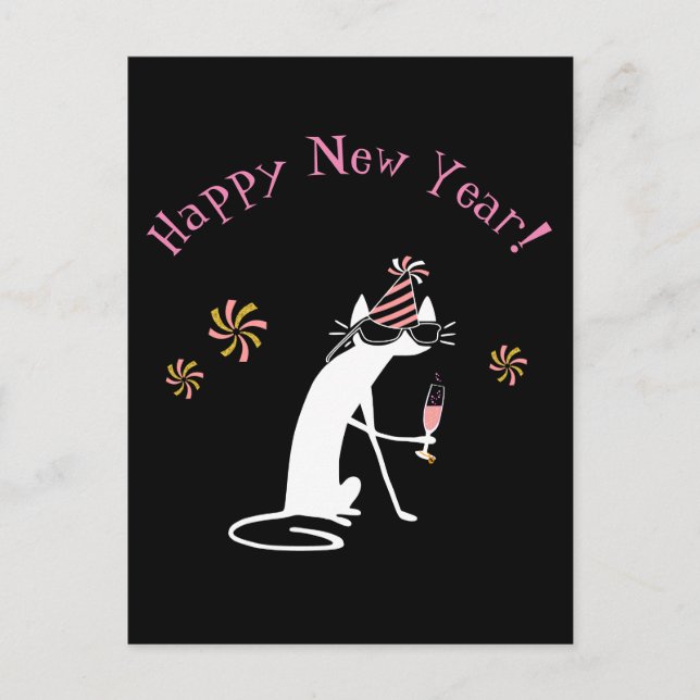 Happy New Year Wine Quote with Cat Postcard (Front)