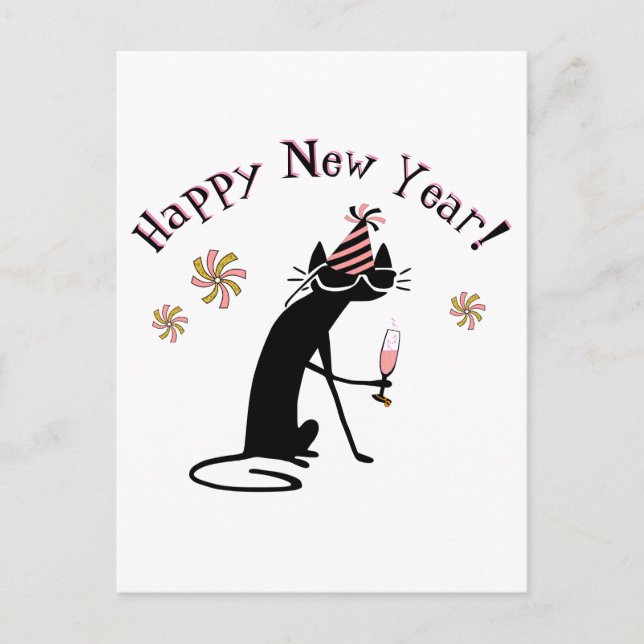 Happy New Year Wine Quote with Cat Postcard (Front)