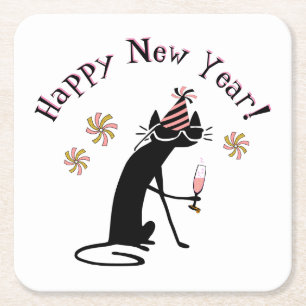 Happy New Year Wine Quote with Cat Square Paper Coaster