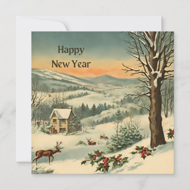 Happy New Year Winter Mountain Nature Landscape Holiday Card (Front)