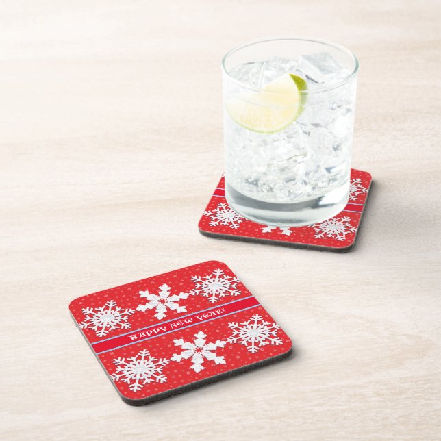 Happy New Year! Winter White Snowflake Red Pattern Coaster (Right Side)
