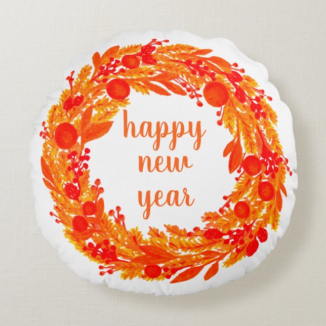 Happy New Year Winter Wreath Round Throw Pillow (Front)