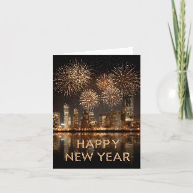 "Happy New Year" with Fireworks over a City Holiday Card (Front)