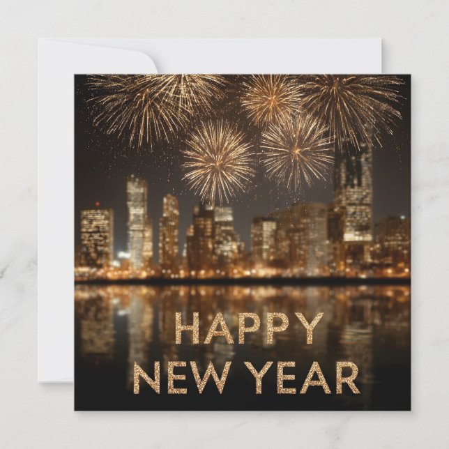 "Happy New Year" with Fireworks over a City Holiday Card (Front)