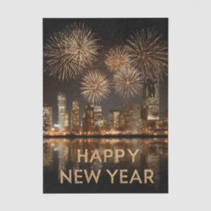 "Happy New Year" with Fireworks over a City Tissue Paper