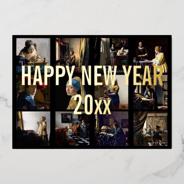 Happy New Year with Johannes Vermeer Patchwork Foil Holiday Card (Front)