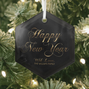 Happy New Year With Love Add Name Black and Gold Glass Tree Decoration