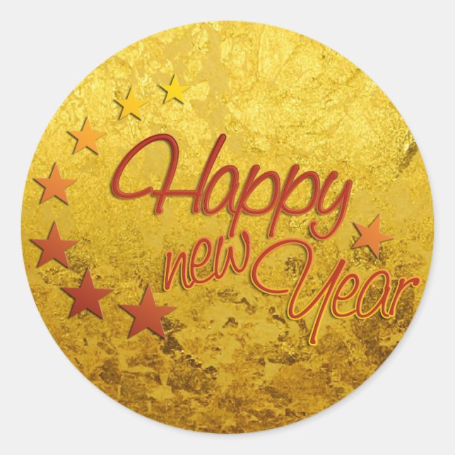 HAPPY NEW YEAR with starlight + gold leaf Classic Round Sticker (Front)