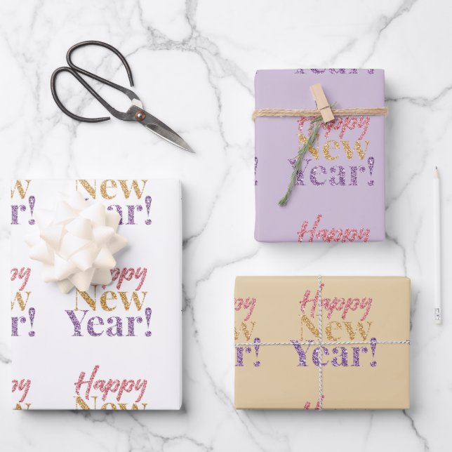 Happy New Year Word Art Wrapping Paper Sheet (Front)