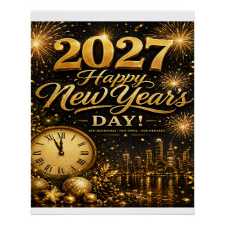 Happy New Year's Day 2027 | Luxury Gold Fireworks Poster
