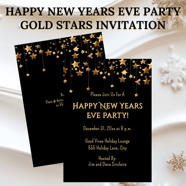 Happy New Years Eve Party Gold Stars Invitation (Happy New Years Eve Party Invitation Gold Stars on Black)