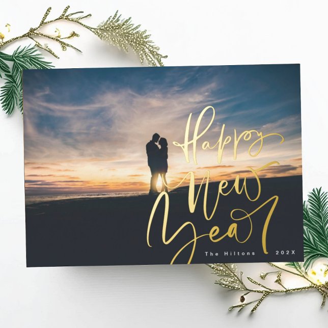happy new years gold hand lettering overlay photo foil holiday card (Creator Uploaded)