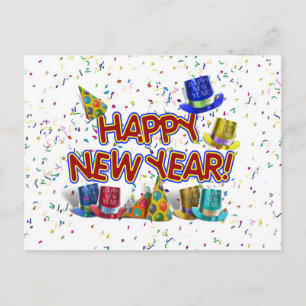 Happy New Years Text w/Party Hats & Confetti Holiday Postcard