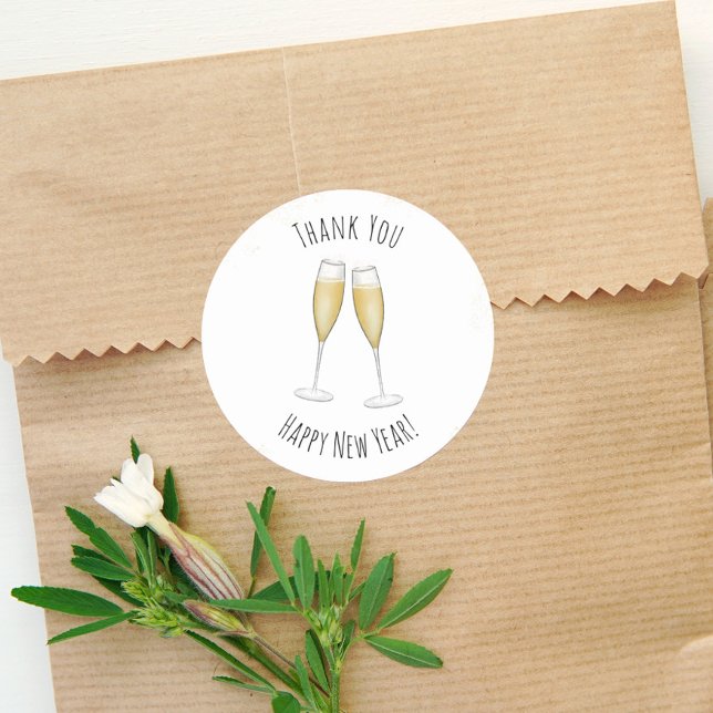 Happy New Years Watercolor Champagne Thank You Classic Round Sticker (Creator Uploaded)