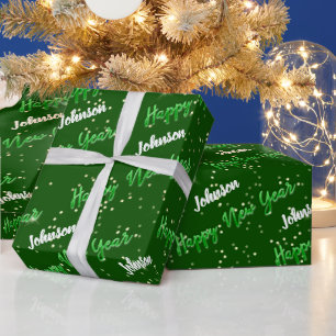 Happy New YearScript Custom Name Green Woodland  Wrapping Paper