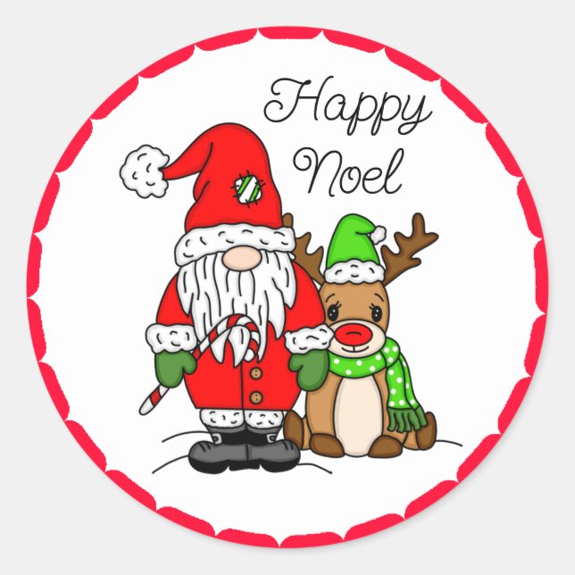 Happy Noel Gnome Santa and Reindeer Christmas Classic Round Sticker (Front)