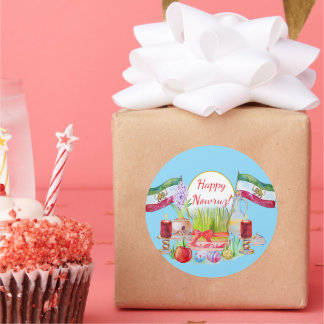 Happy Norooz Haft Sin with Lion and Sun Flags Classic Round Sticker