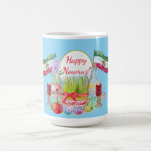 Happy Norooz Haft Sin with Lion and Sun Flags Coffee Mug