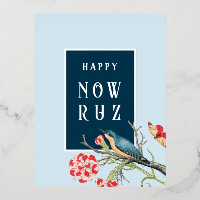 Happy Nowruz Blue Songbird Foil Postcard (Front)