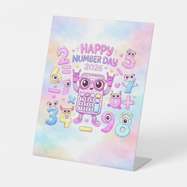 Happy Number Day 2026 Cute Calculator Design Pedestal Sign (Front)