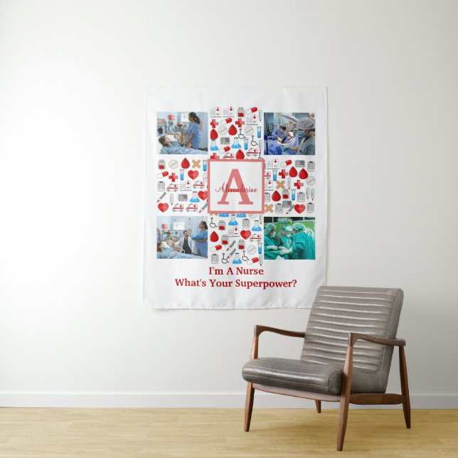 Happy Nurses Day 4 photo collage cross monogram Tapestry (In Situ)