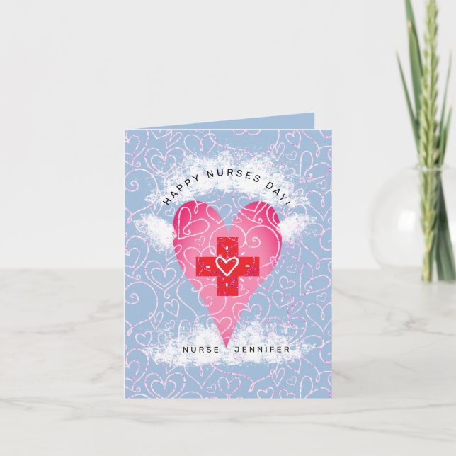 Happy Nurses Day Blue Pink Heart Personalised Thank You Card (Front)