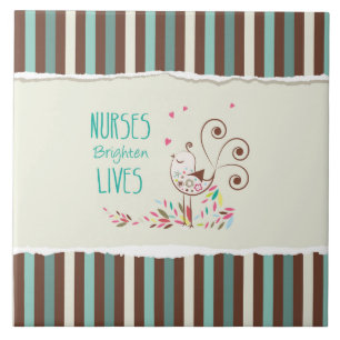 Happy Nurses Day, Cute Bird on Stripes Ceramic Tile