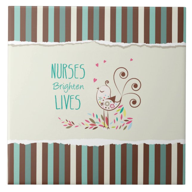 Happy Nurses Day, Cute Bird on Stripes Ceramic Tile (Front)