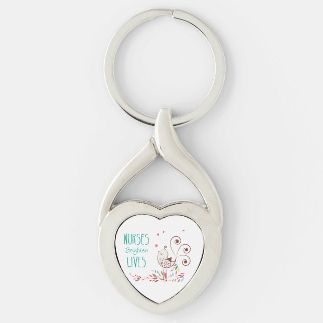 Happy Nurses Day, Cute Bird on Stripes Key Ring (Front)