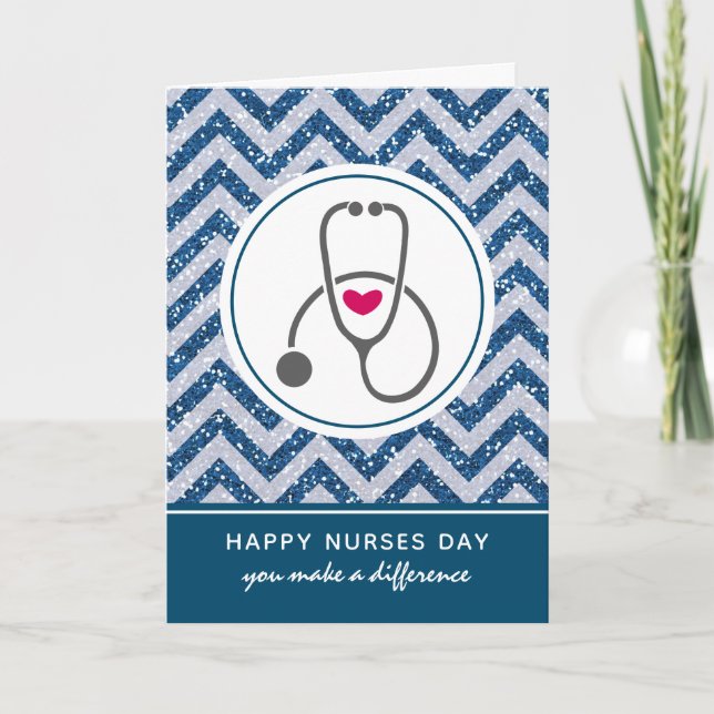 Happy Nurses Day Grey Stethoscope on Blue Chevron Card (Front)