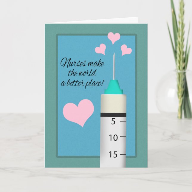 Happy Nurses Day Illustrated Vaccine With Hearts Holiday Card (Front)