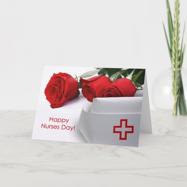 Happy Nurses Day. Red Roses and Nurse Cap Card (Front)