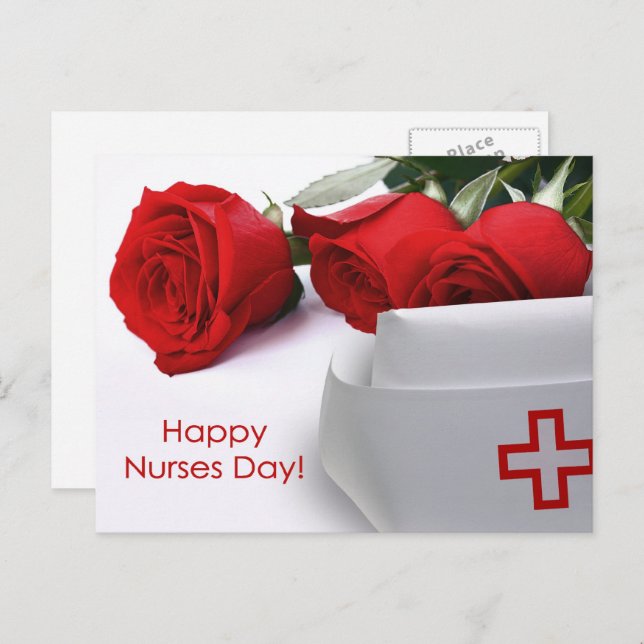 Happy Nurses Day. Red Roses and Nurse Cap Postcard (Front/Back)