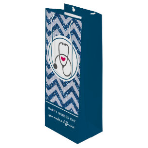 Happy Nurses Day Stethoscope on Blue Chevron Wine Gift Bag